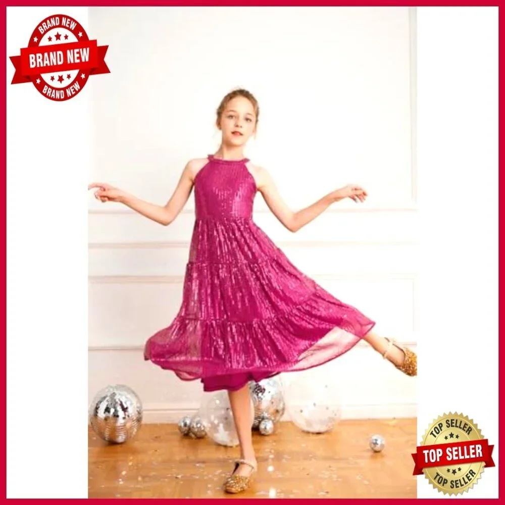 Sequin Maxi Dress Elegant Formal Party Wear Girls Long Dress with Satin